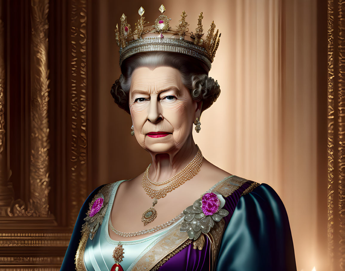 Regal woman portrait with crown, jewelry, and blue sash on ornate background