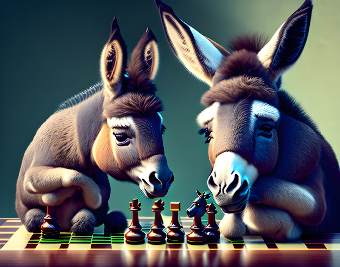 Cartoon donkeys playing chess with green background