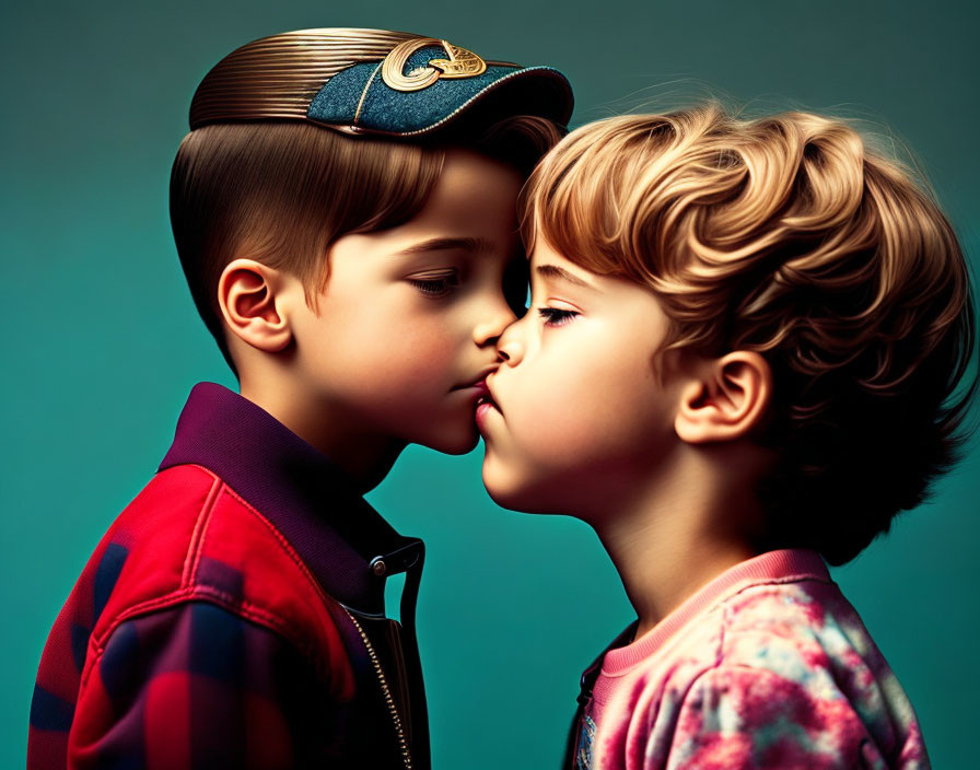 Young children sharing a pecking kiss against teal background