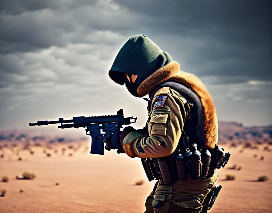 Military person with assault rifle in desert setting