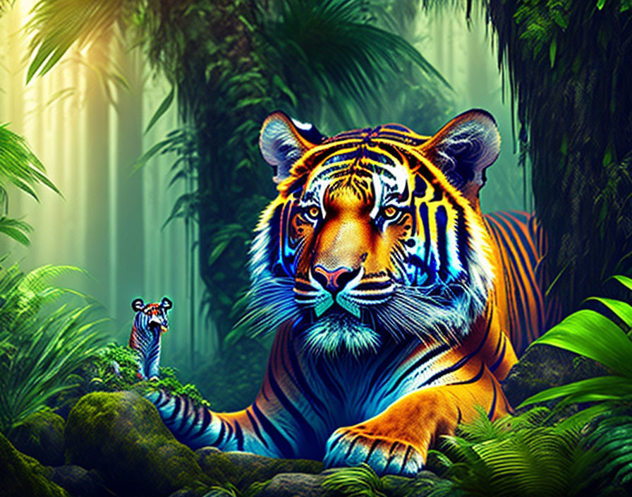 Colorful tiger with blue stripes in lush jungle with tiny person showcasing scale