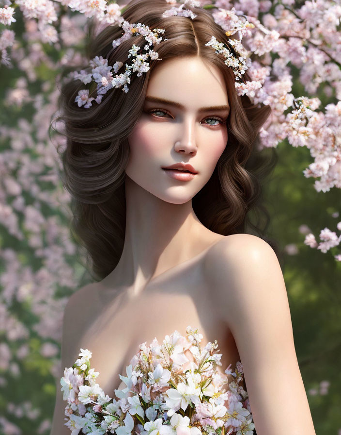 Brown-haired woman in floral crown against pink blossom backdrop