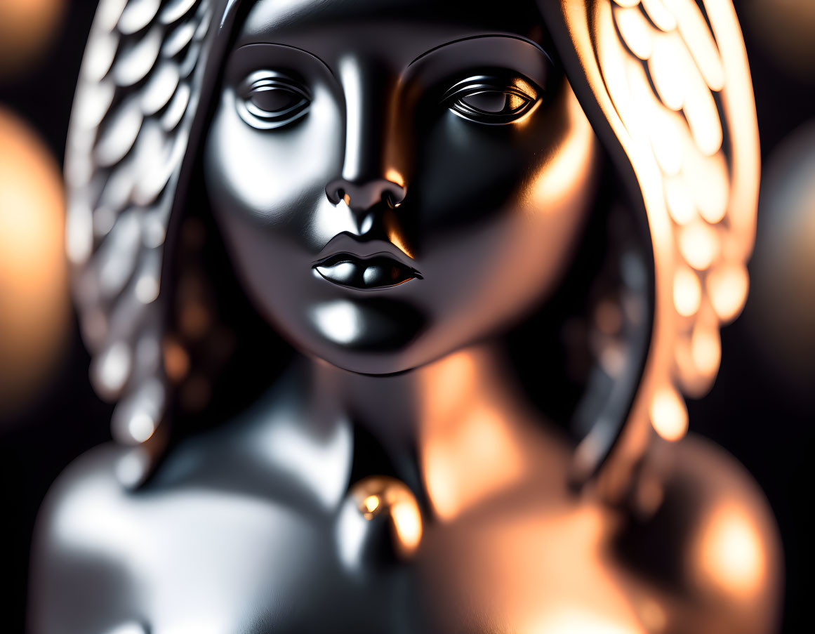 Golden metallic angel statue with serene expression and wings on dark bokeh background