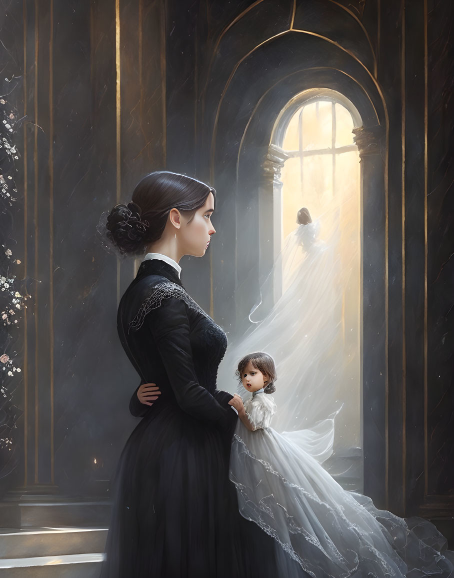 Woman and child in black and white in sunlit gothic corridor with ghostly figure