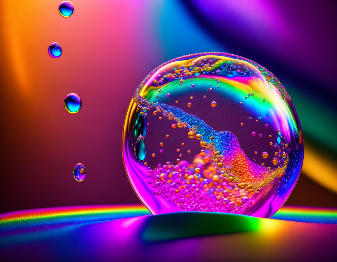 Colorful water droplet macro photography with shimmer and smaller droplets on blurred backdrop