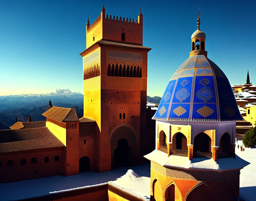 Historic Moorish architecture with large tower and blue-tiled dome against mountainous backdrop.