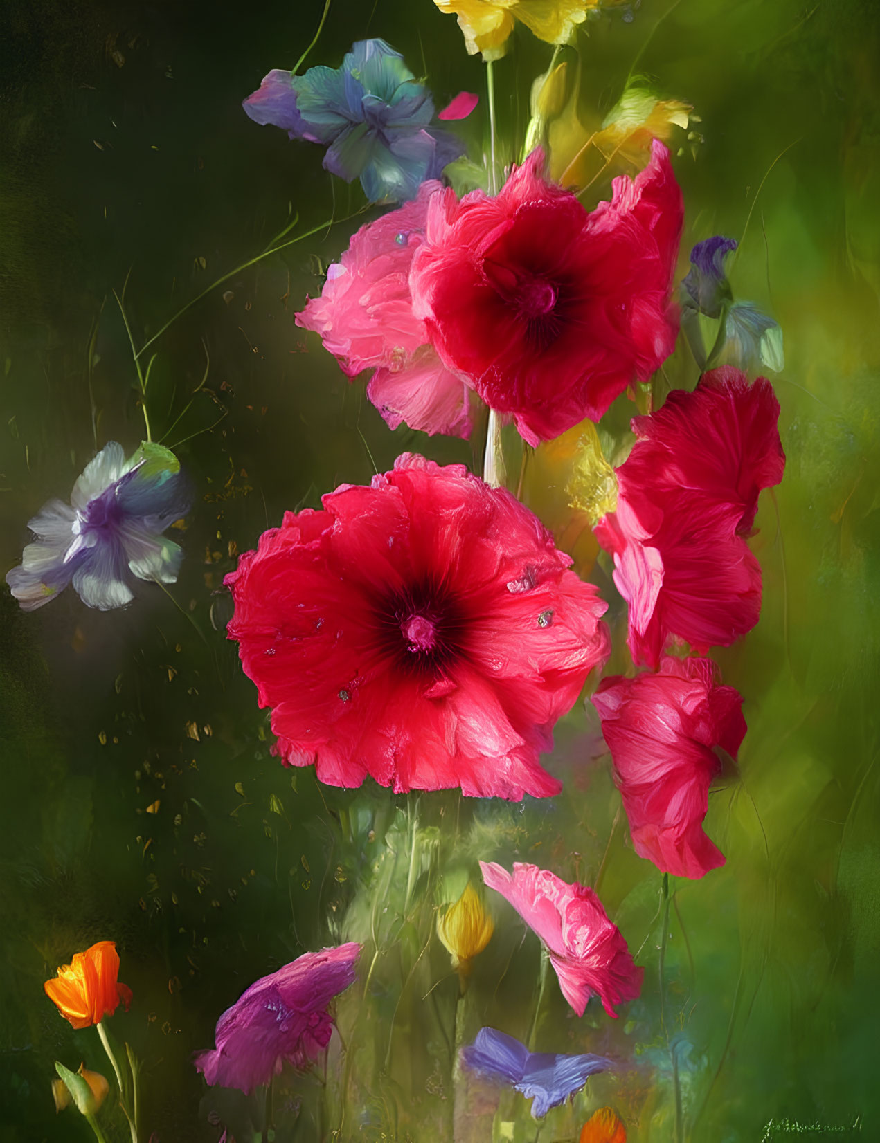 Colorful digital painting of red and pink poppies with blue and purple flowers on green background