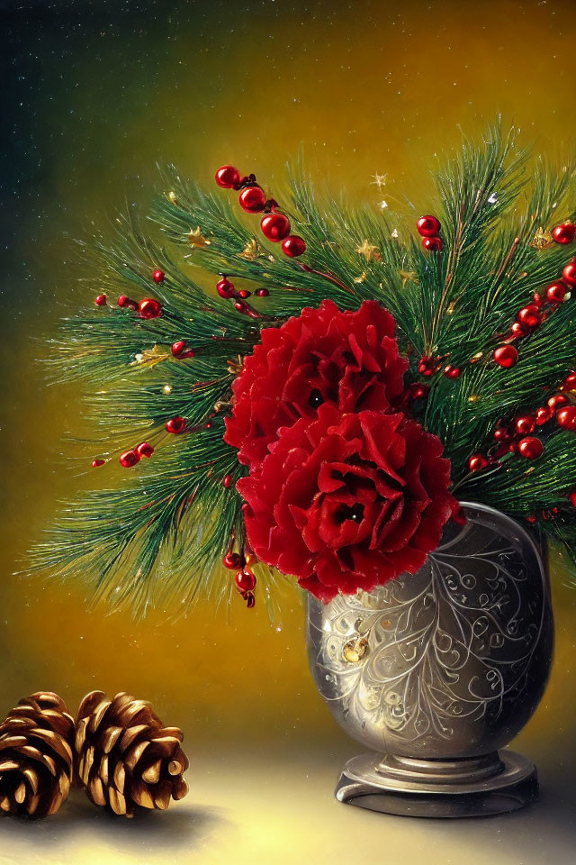 Ornate vase with red flowers and pine branches on golden backdrop