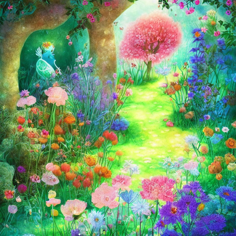 Colorful Illustration of Whimsical Garden with Flowers and Fairy