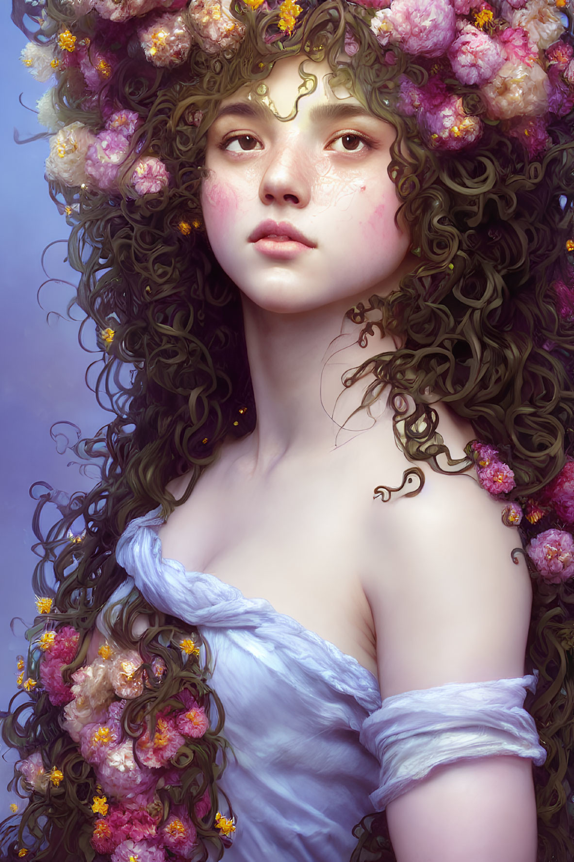 Portrait of young woman with pink flower crown and curly hair, surrounded by butterflies