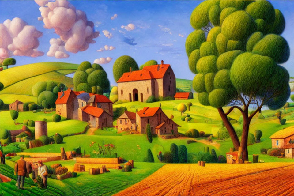 Scenic countryside painting with green hills and blue sky