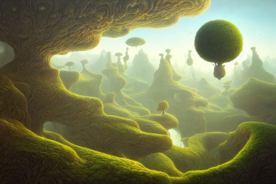 Fantasy landscape with moss-covered tree-like structures and floating islands under golden light