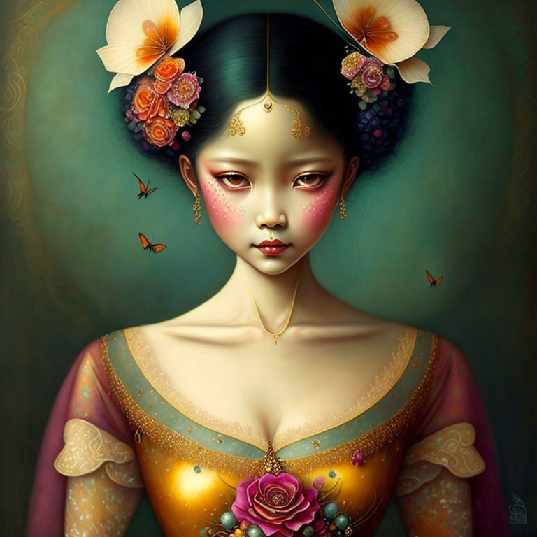 Detailed illustration of woman with ornate hairstyle, exotic makeup, flower-adorned neckline, and butterflies