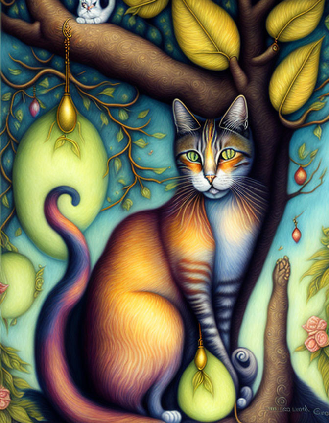 Whimsical cat painting with swirled patterns in fantasy garden