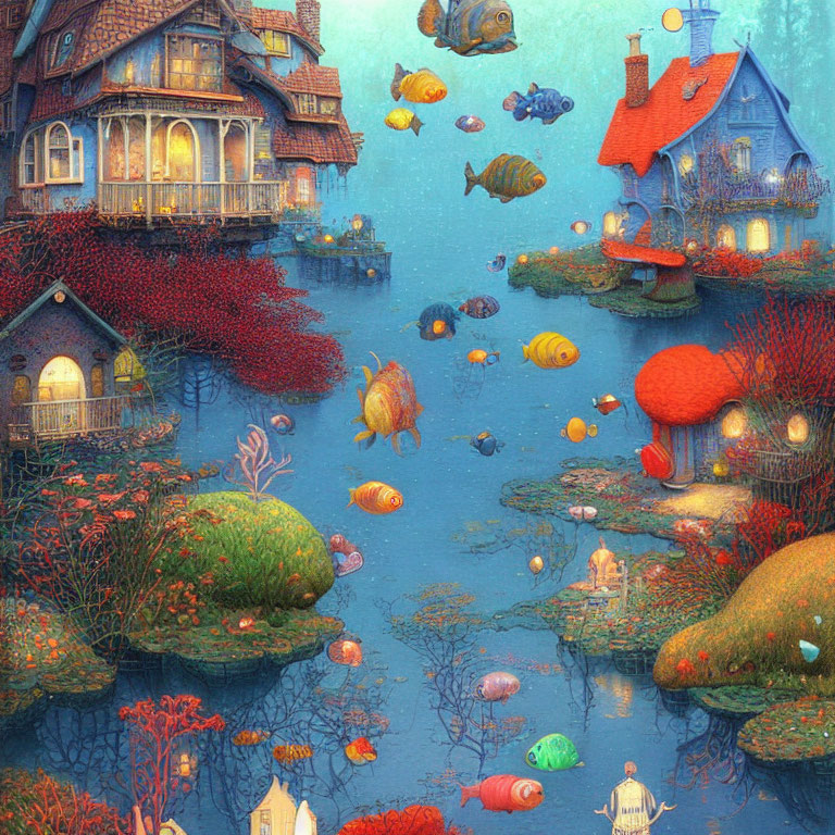 Vibrant underwater scene with colorful fish and whimsical houses