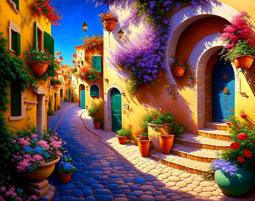 Colorful Flowers and Lanterns in Twilight Alley