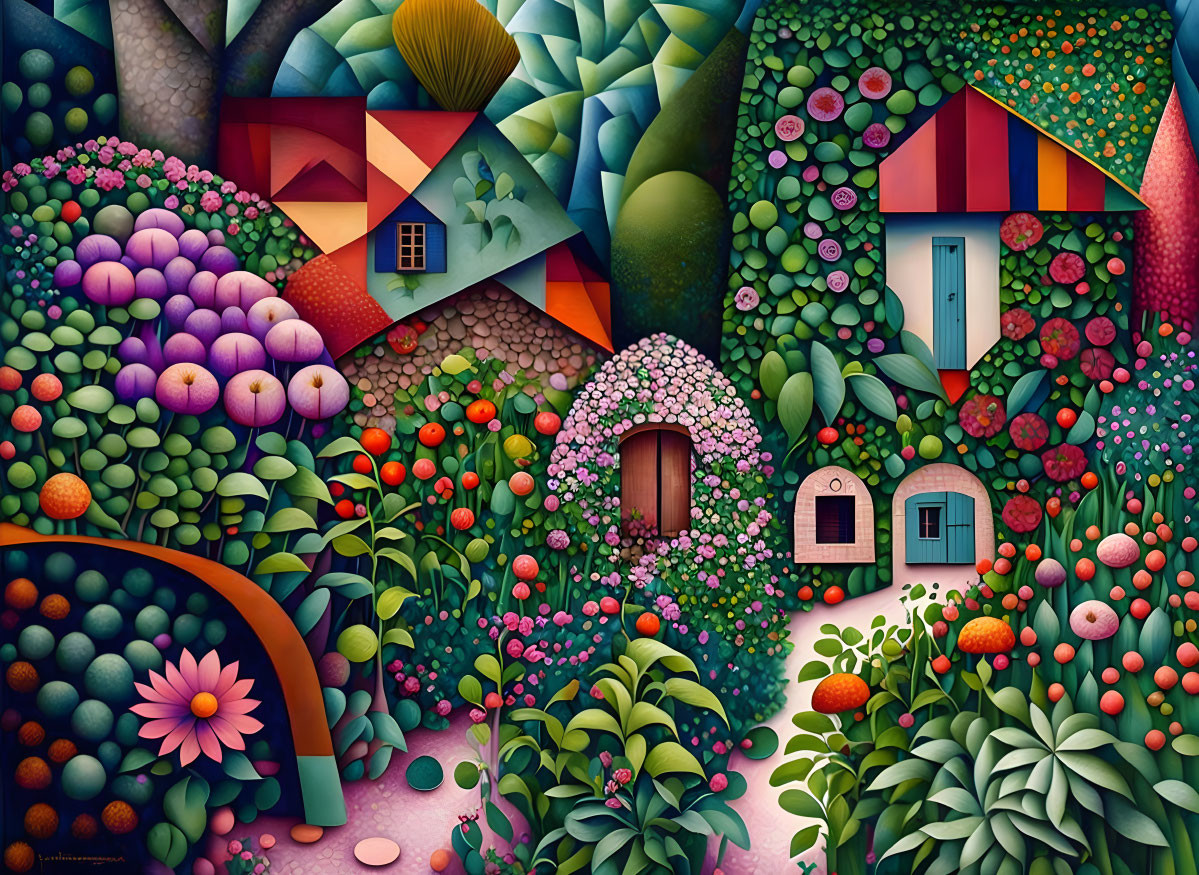 Vibrant landscape with round trees, colorful flora, and geometric cottages in lush setting