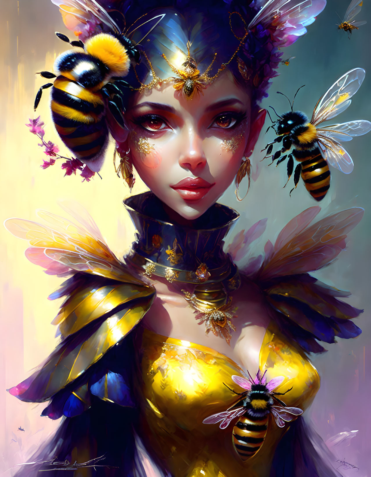 Fantasy portrait of woman with bee-themed jewelry and stylized bees on colorful background