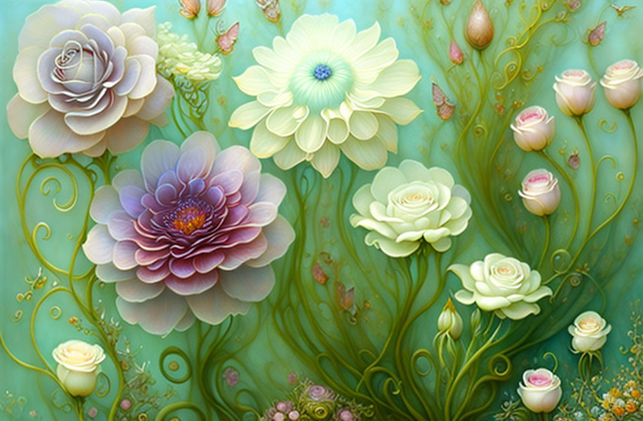 Assorted stylized pastel flowers on soft green background