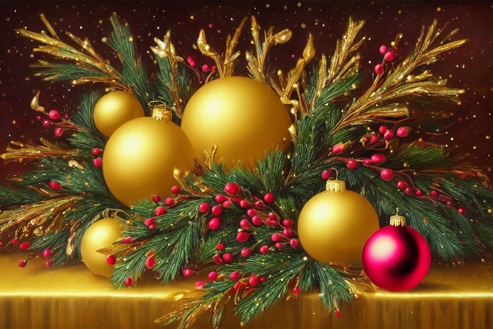 Christmas Arrangement: Golden Baubles, Pine Branches, Red Berries on Glittering