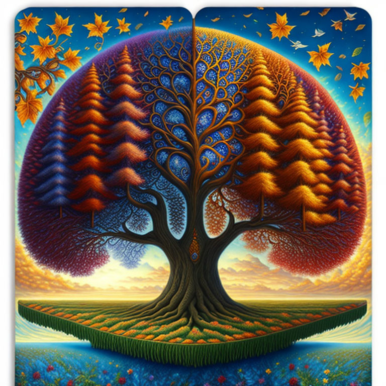 Symmetrical tree illustration showcasing seasonal halves under starry sky