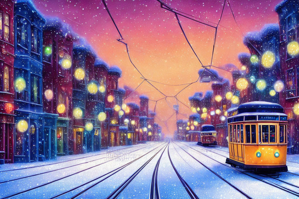 Enchanting snow-covered street at night with colorful buildings and vintage trams