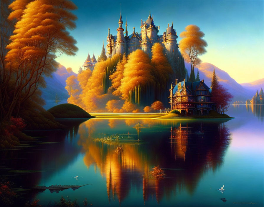 Majestic castle in golden autumn landscape with lake and swans