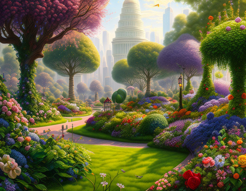 Colorful Fantasy Garden with Path to White-Domed Building