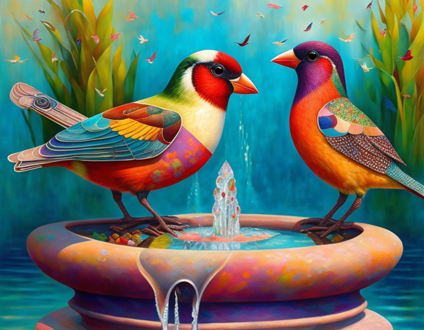 Colorful Birds Perched on Vibrant Fountain in Lush Setting