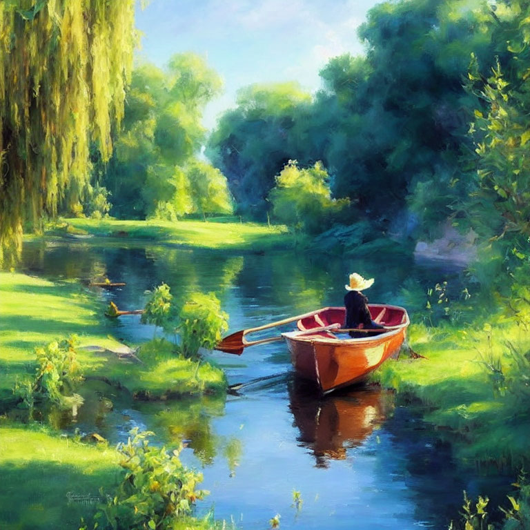 Tranquil painting of person in hat on red boat in lush river scene