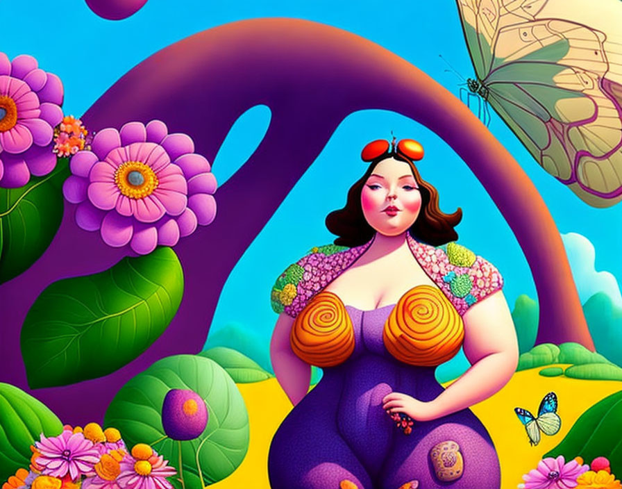 Colorful illustration of stylized curvy woman in purple outfit among whimsical landscape