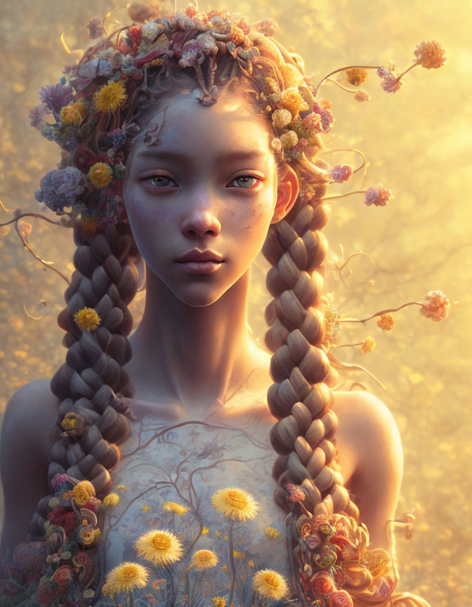 Young woman with braided hair and colorful flowers in golden backdrop