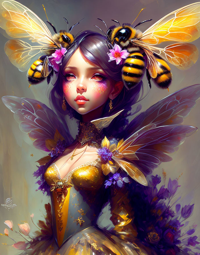 Fantasy illustration of a fairy with bee-like features and vibrant wings