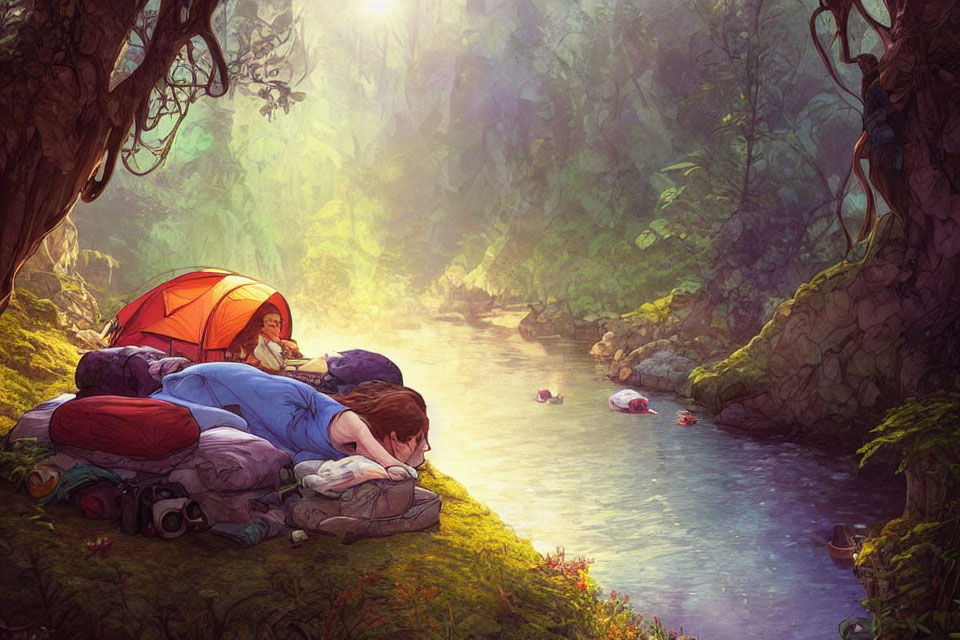 Two people by forest stream: one sleeping by tent, the other on tree branch in sunlit woodland