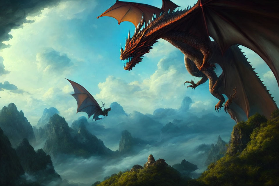 Red dragon perched on rocky peak with wings spread, overlooking misty mountain landscape.