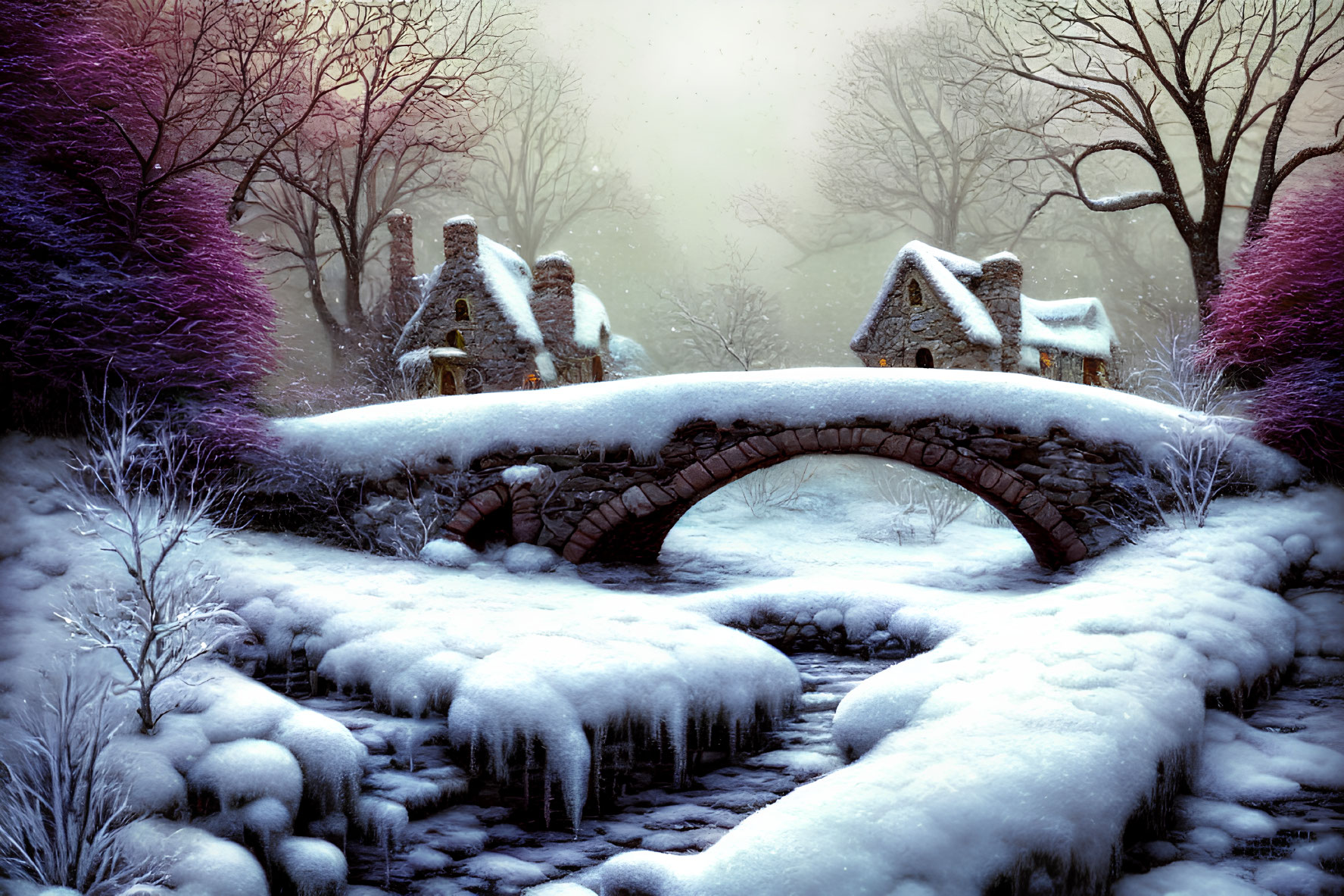 Snow-covered stone bridge, cozy cottages, and frosty trees in misty winter scene