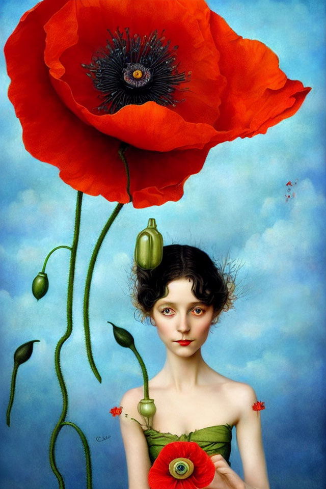 Surreal portrait of woman's face merged with red poppy bloom on blue background