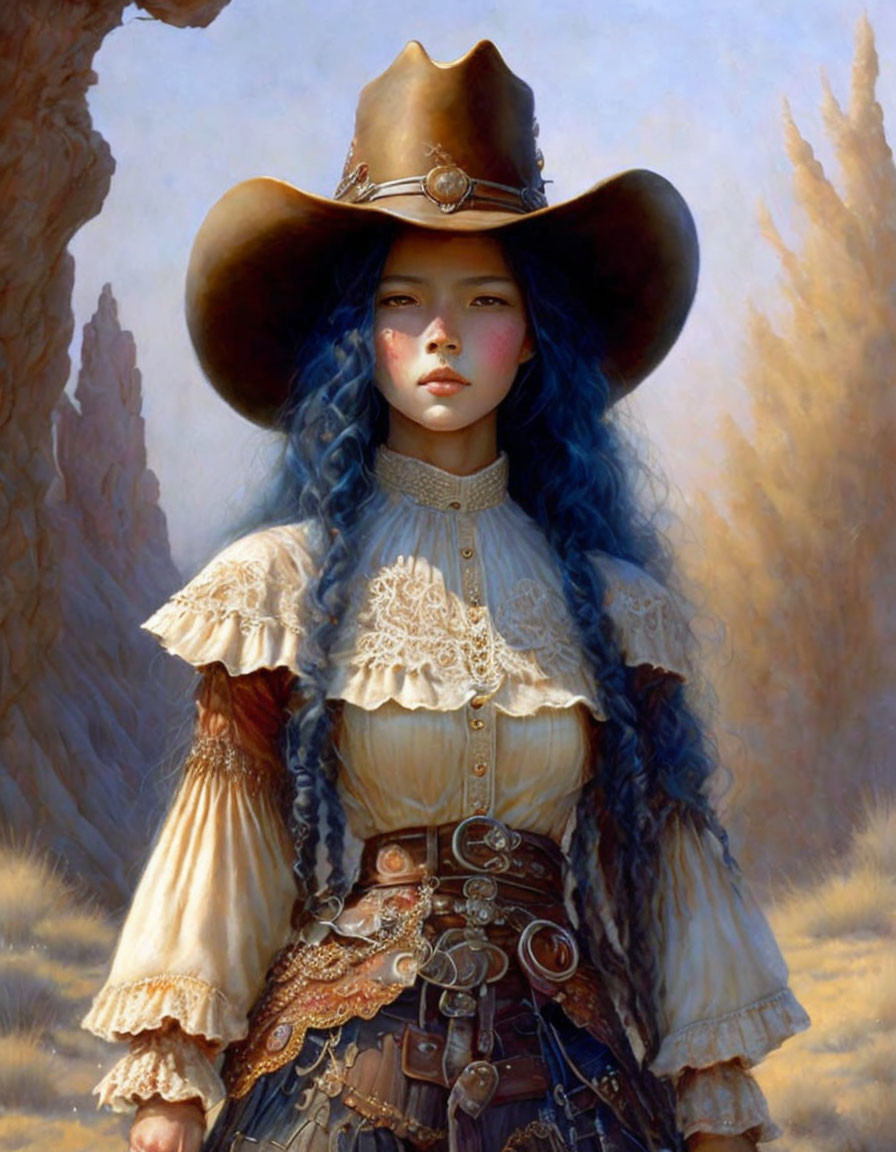 Blue-haired woman in cowboy hat and vintage lace blouse on earth-toned background