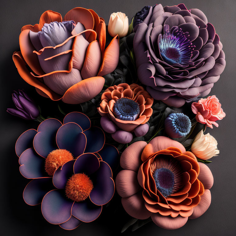 Colorful Stylized Paper Flowers in Purple, Orange, and Pink on Dark Background