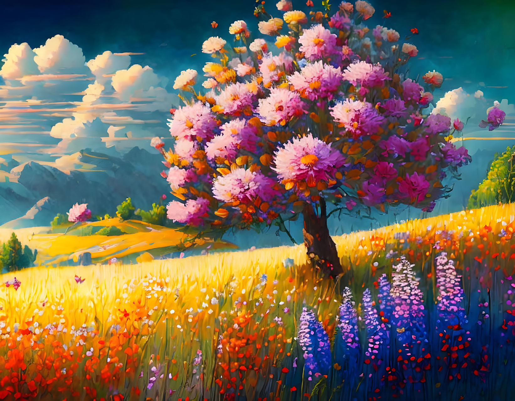 Colorful Tree Painting with Pink Blossoms and Wildflowers in Serene Meadow