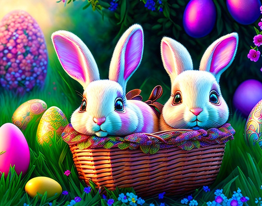 Cartoon bunnies in wicker basket with Easter eggs and flowers