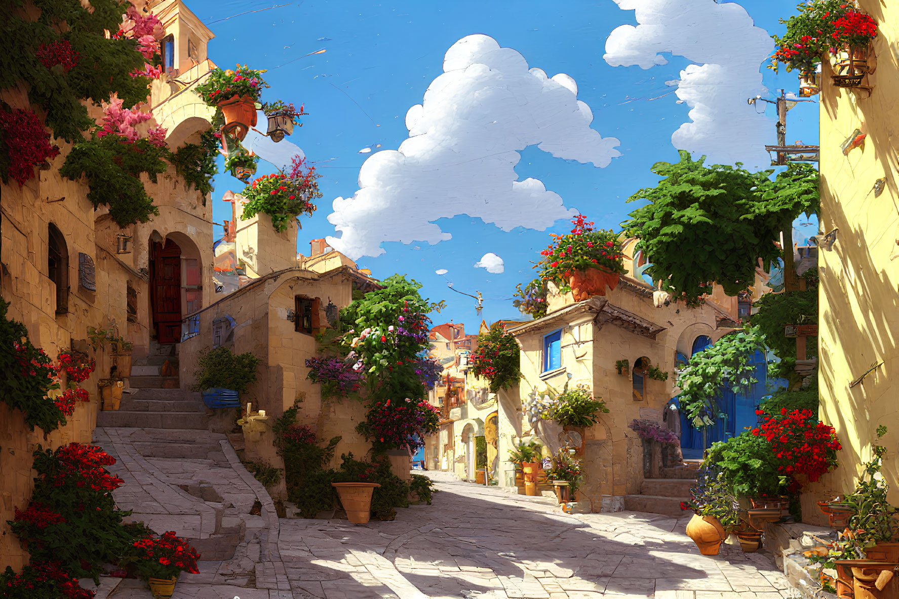 Historical buildings on cobblestone street with colorful flowers under blue sky