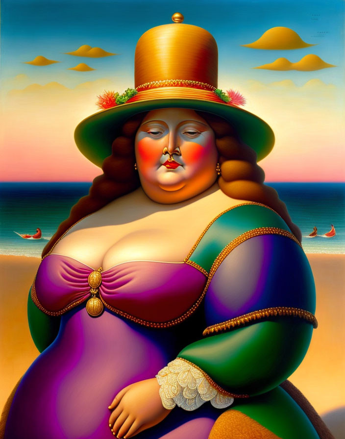 Colorful Surrealist Painting of Voluptuous Figure by Beach