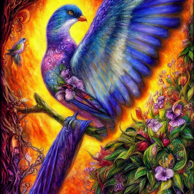 Vibrant purple and blue bird on branch with flowers and smaller bird