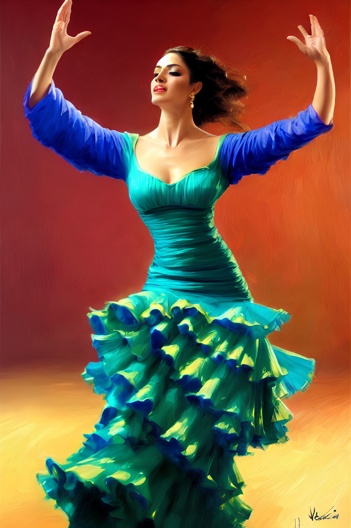 Flamenco dancer in blue and green ruffled dress poses passionately