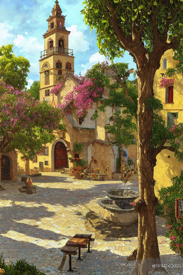 Picturesque village square with cobblestones, trees, bougainvillea, fountain, and bell