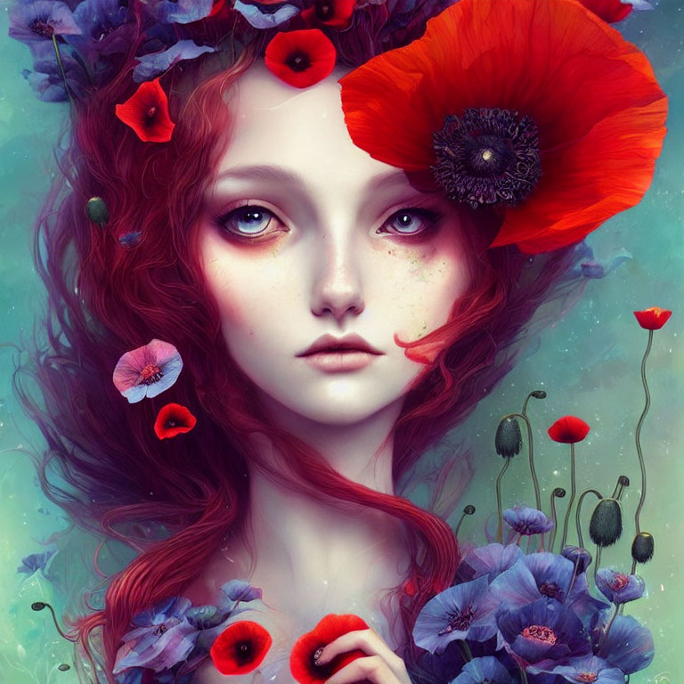 Vivid illustration of woman with red hair and flowers on teal background