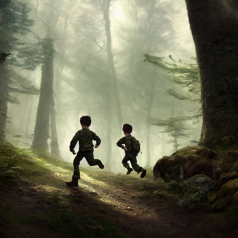 Children running in misty sunlit forest with towering trees