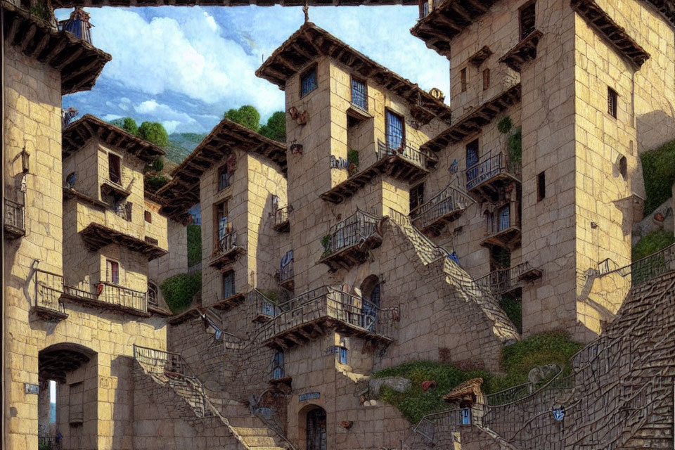 Whimsical painting of multi-level stone architecture