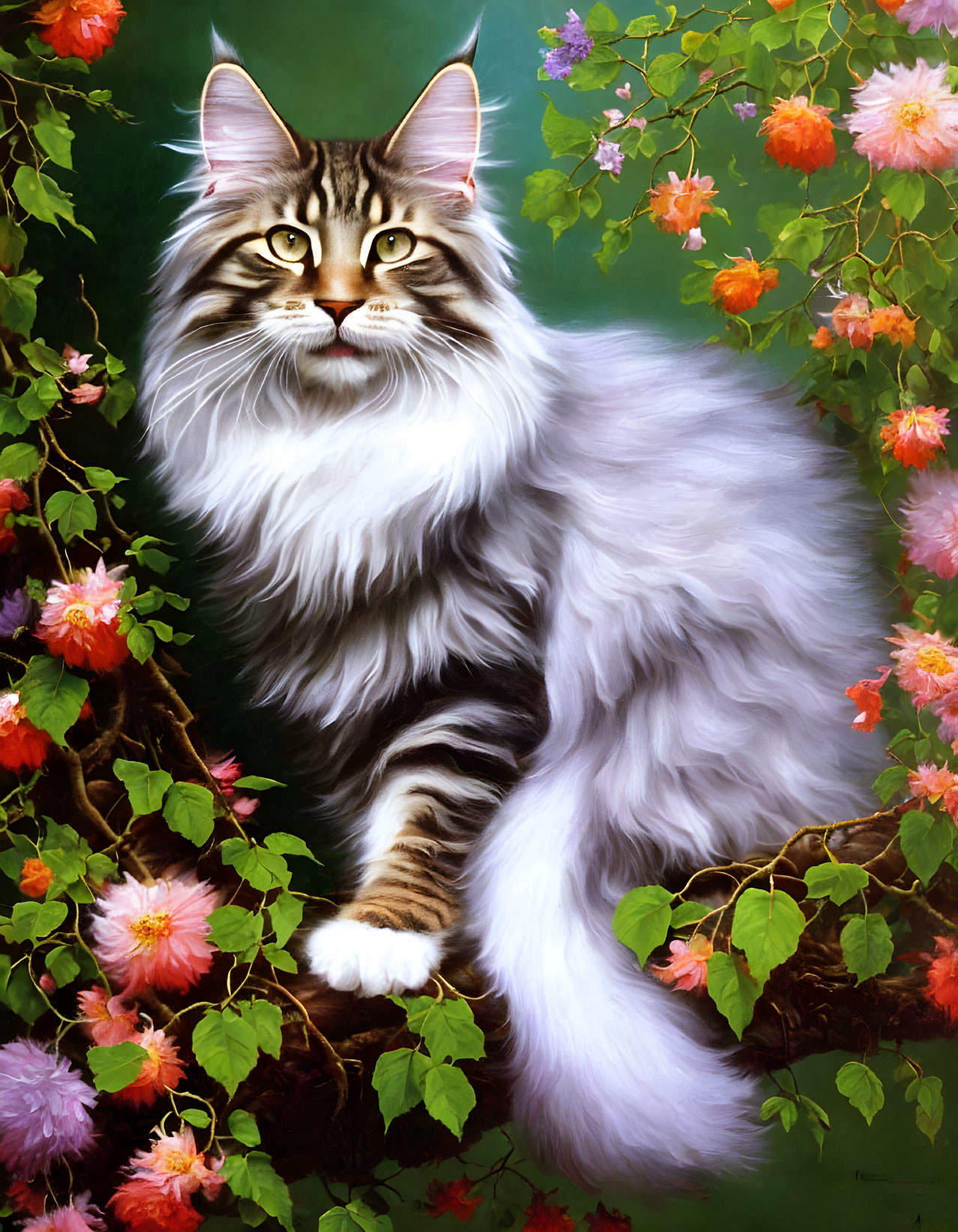 Majestic long-haired cat among blooming flowers and lush greenery